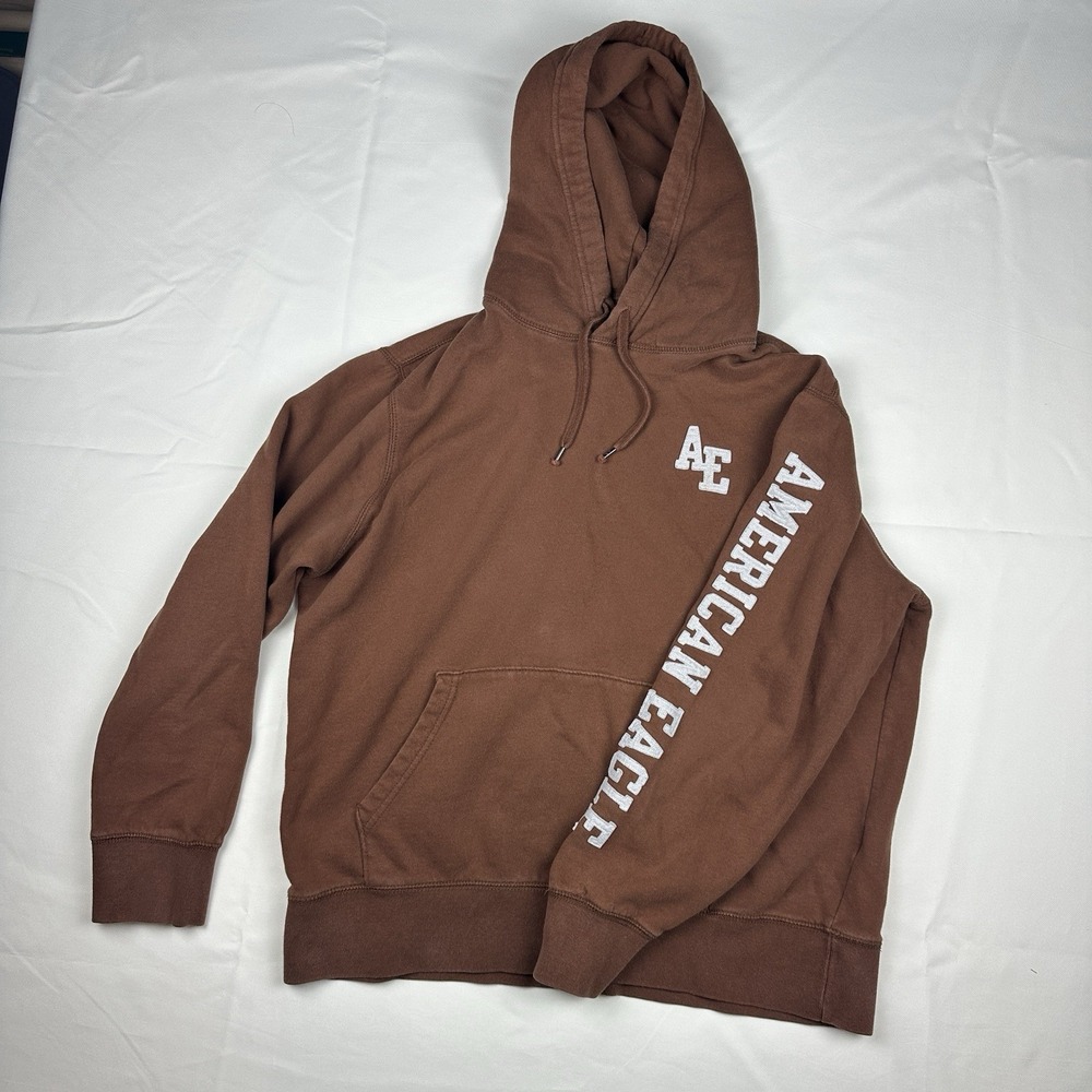 American Eagle Brown Pullover Hoodie Applique Letters Graphic Logo on sleeve  L